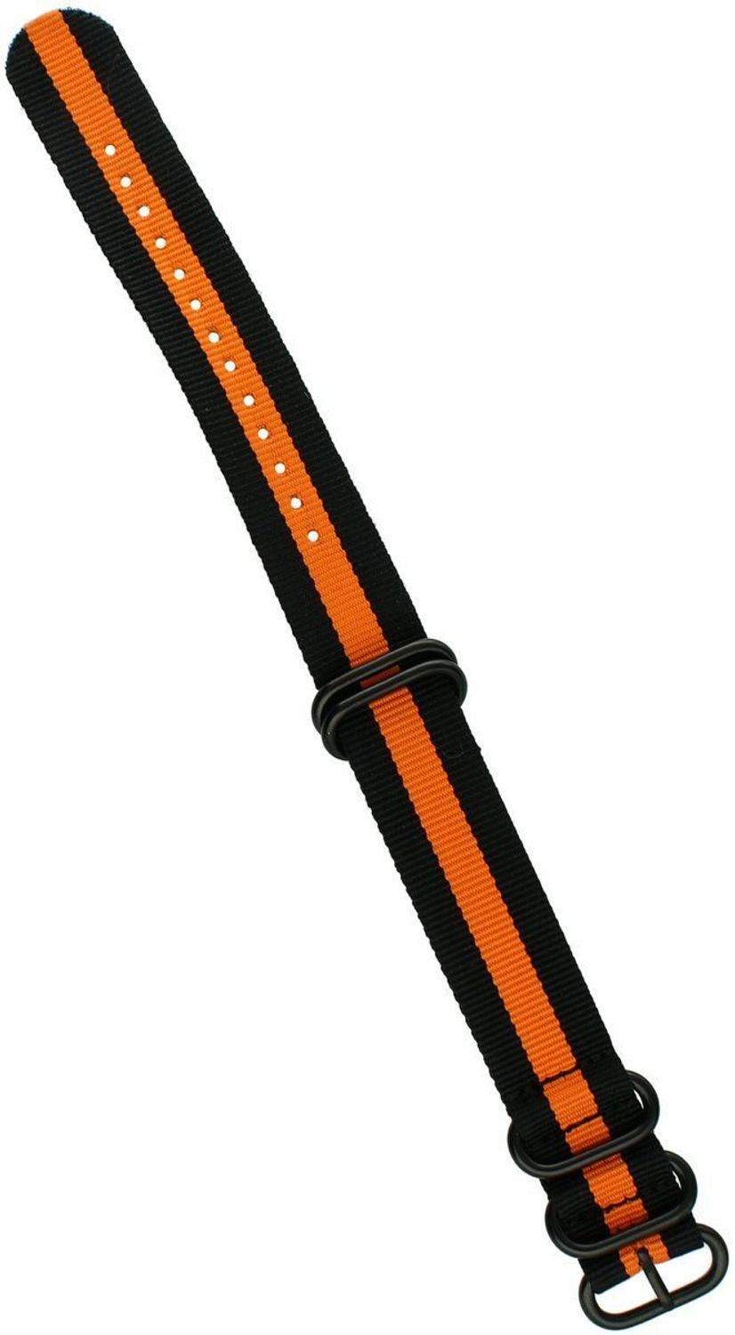 Stylowy pasek do zegarka NATO 035 w kolorach czarnym i pomarańczowym. Parciany materiał, długość 26,5 cm, szerokość 22 mm, stalowa sprzączka w czarnym kolorze. Idealny do codziennych 1.jpg